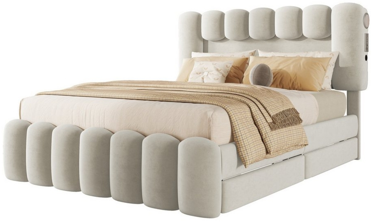 HAUSS SPLOE Polsterbett Polsterbett Funktionsbett Bettrahmen KInderbett Doppelbett (mit 4 Schubladen und LED-Lichtleiste, Jugendbett mit USB und Stereoanlage), 140*200 cm, Beige Bild 1