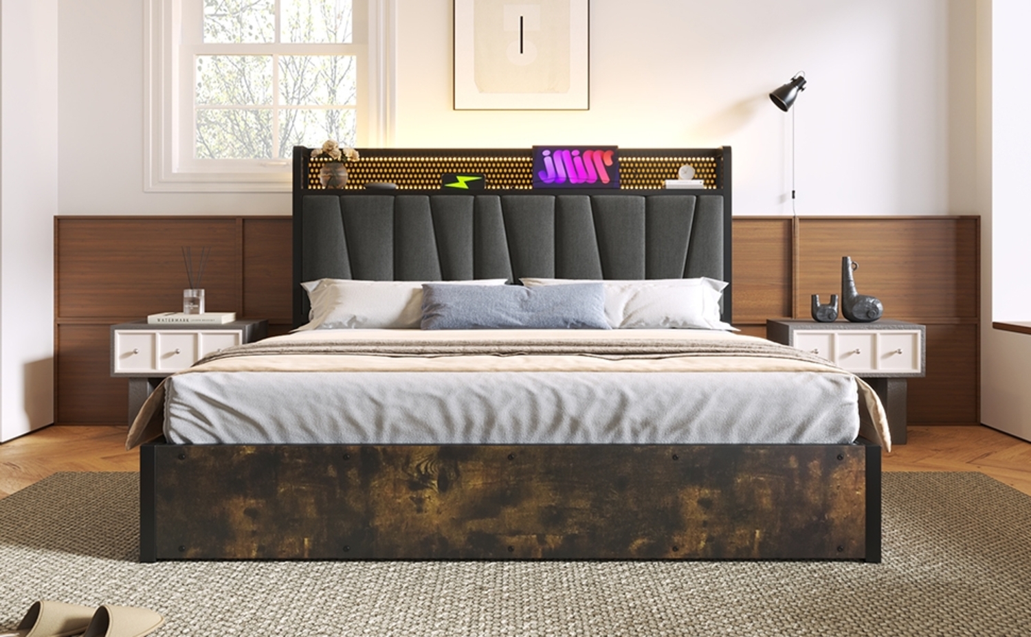 Polsterbett 160x200 cm aus Leinen mit LED-Beleuchtung und Stauraum – Kopfteil mit Steckdosen und USB Bild 1