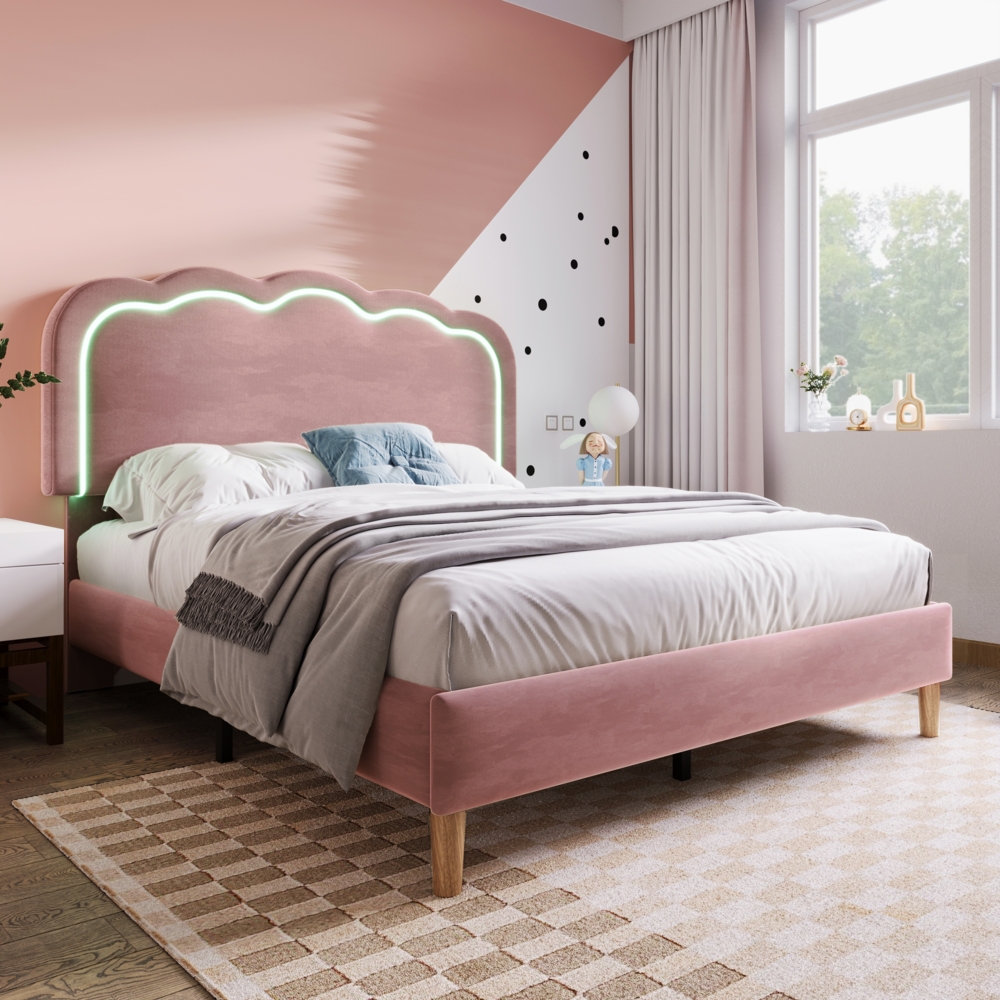 Polsterbett 140x200 cm aus Samt mit LED-Beleuchtung und verstellbarem Kopfteil Bild 1