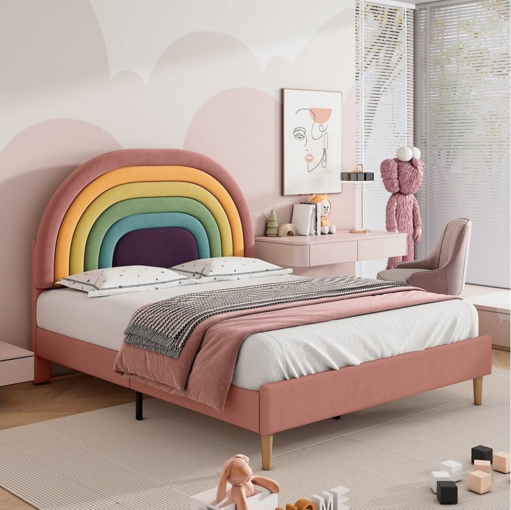 PHOEBE CAT Polsterbett (Jugendbett mit Lattenrost), Kinderbett mit verstellbarem Regenbogen-Kopfteil, 140x200 cm, Samt Bild 1