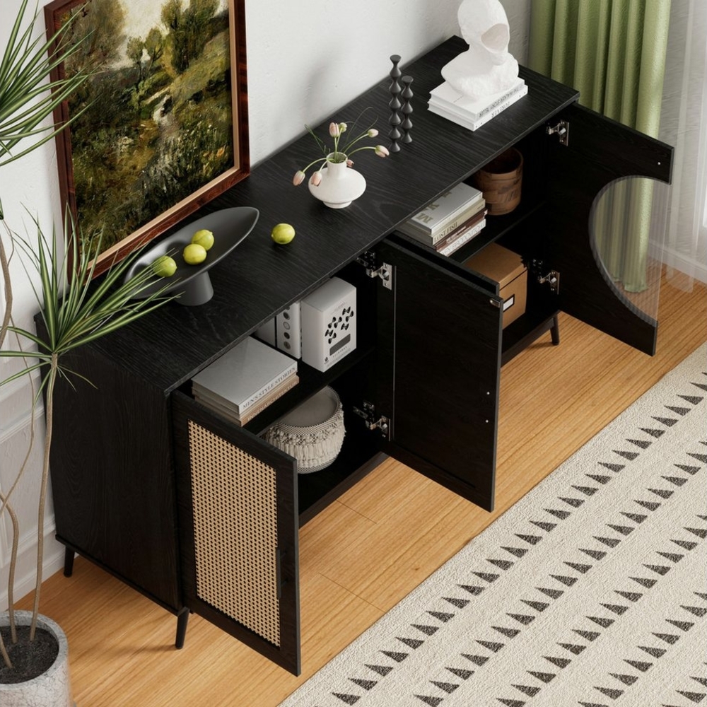 OKWISH Sideboard Aufbewahrungsmöbel (4 Türen), Aufbewahrungsmöbel mit halbrunde Tür,Glastüren aus Rattan,160*40*80cm Bild 1