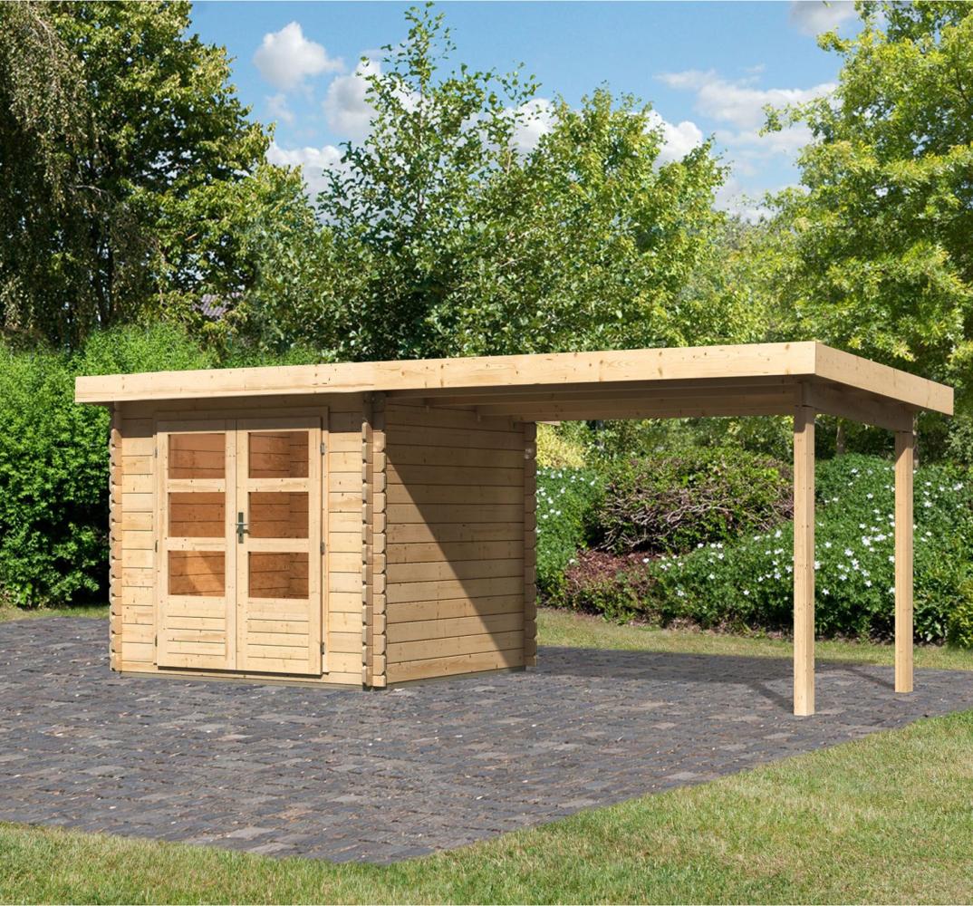 Gartenhaus Bastrup 2 - 519x237 cm mit Anbaudach 3,00 m, 28 mm Holz naturbelassen, Karibu Bild 1