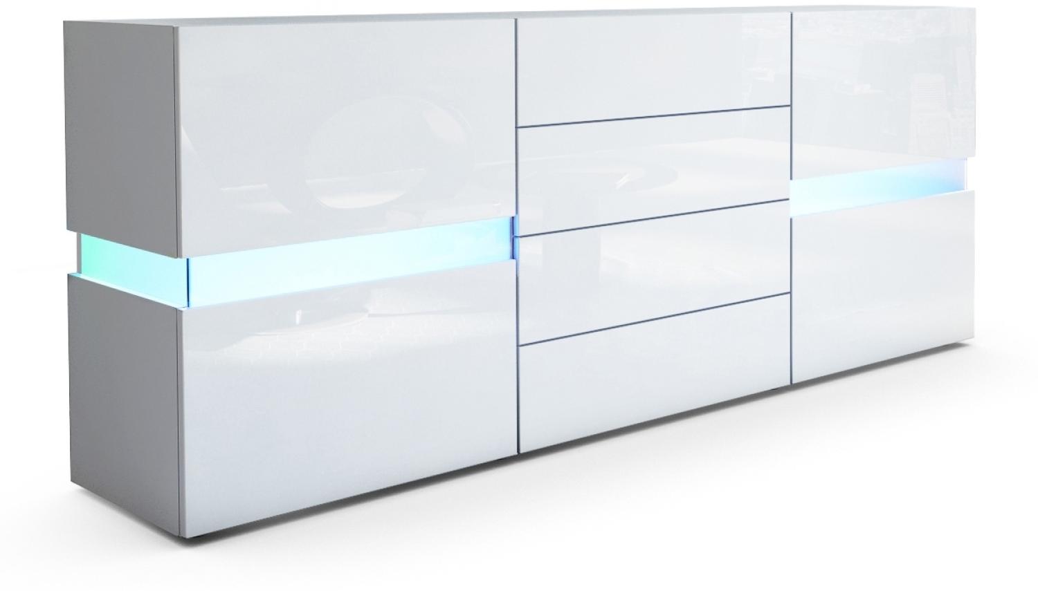 Vladon Sideboard Flow, Weiß matt/Weiß Hochglanz inkl. LED - Moderne Kommode mit Ambient Light Verglasung für Ihr Wohnbereich (177 x 75 x 39 cm) Bild 1