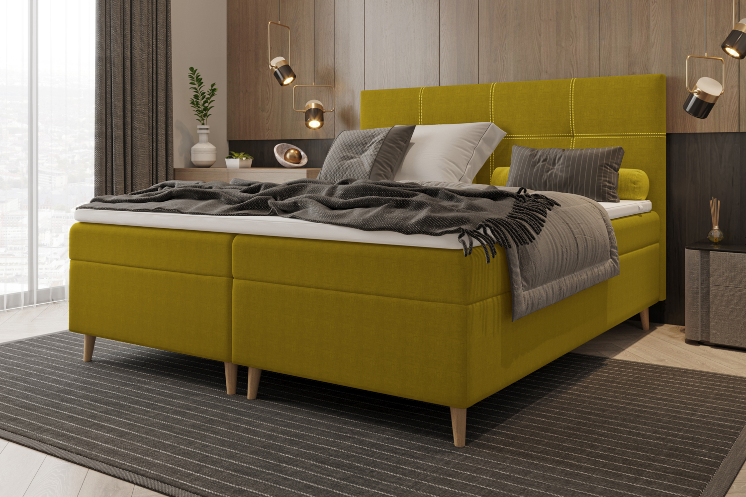 99rooms Skandie Boxspringbett Webstoff 180x200 cm Gelb Schaum Topper 4 cm Bild 1