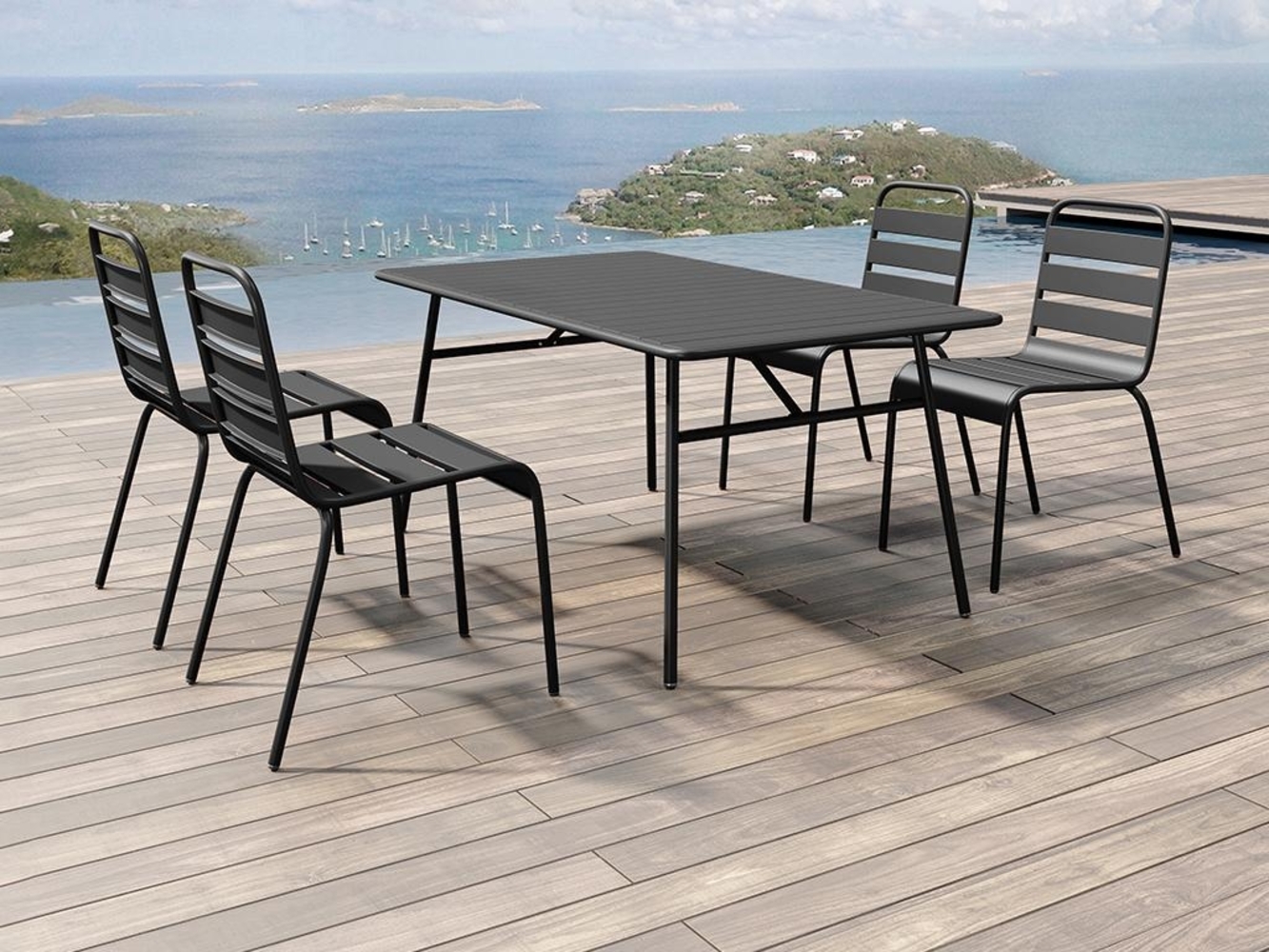 Vente-unique - Garten-Essgruppe: Tisch L. 160 cm + 4 stapelbare Stühle - Metall - Schwarz - MIRMANDE von MYLIA Bild 1