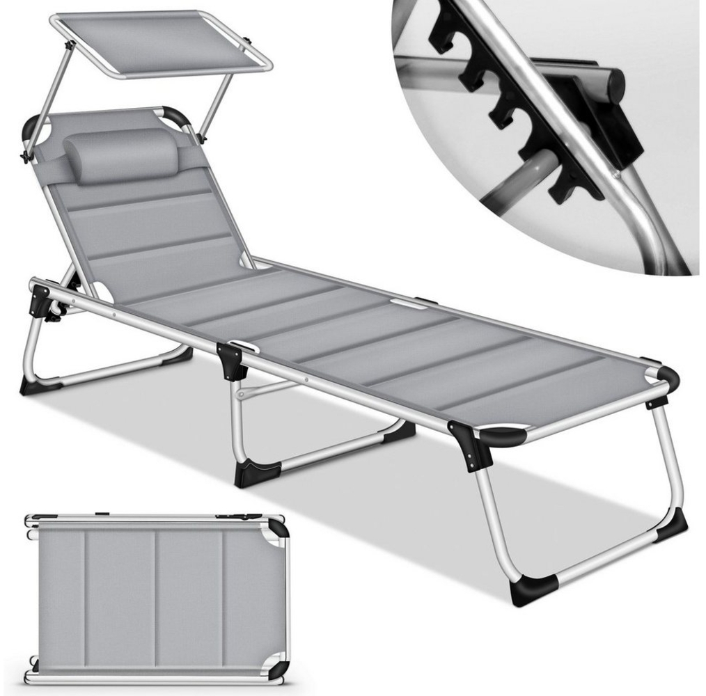 tillvex® Sonnenliege mit Dach und Kopfkissen Grau - Premium Polsterung | Gartenliege Liegestuhl klappbar | Strandliege mit verstellbarer Rückenlehne, gepolsterte Liegefläche | Aluminium Liege Bild 1