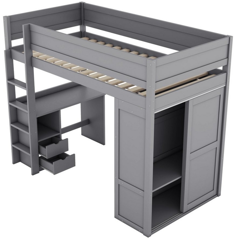 SOFTWEARY Hochbett mit Lattenrost, Schreibtisch und Kleiderschrank (90x200 cm) Kinderbett mit Rausfallschutz Bild 1