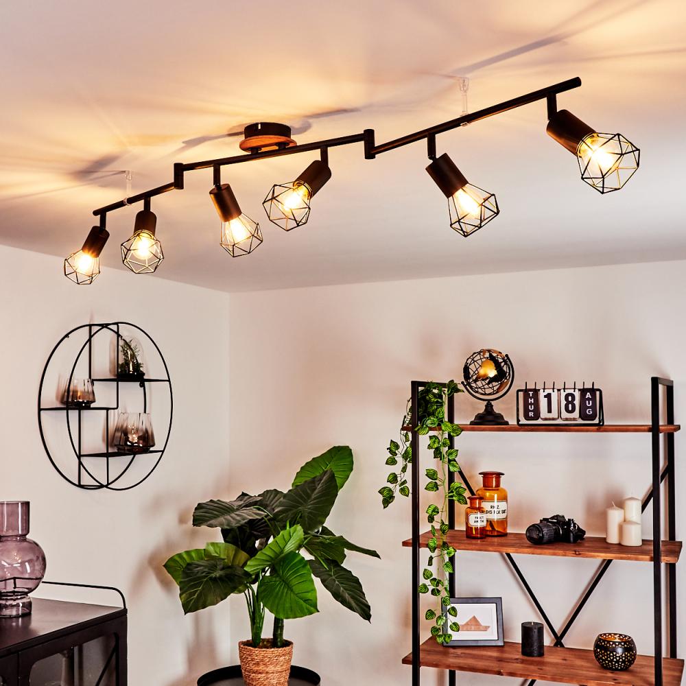 hofstein Deckenleuchte »Borio« 6-flammige Deckenlampe aus Metall/Holz in Schwarz/Braun, ohne Leuchtmittel, m. verstellbaren Gitterschirmen, E14, mit Lichteffekt Bild 1