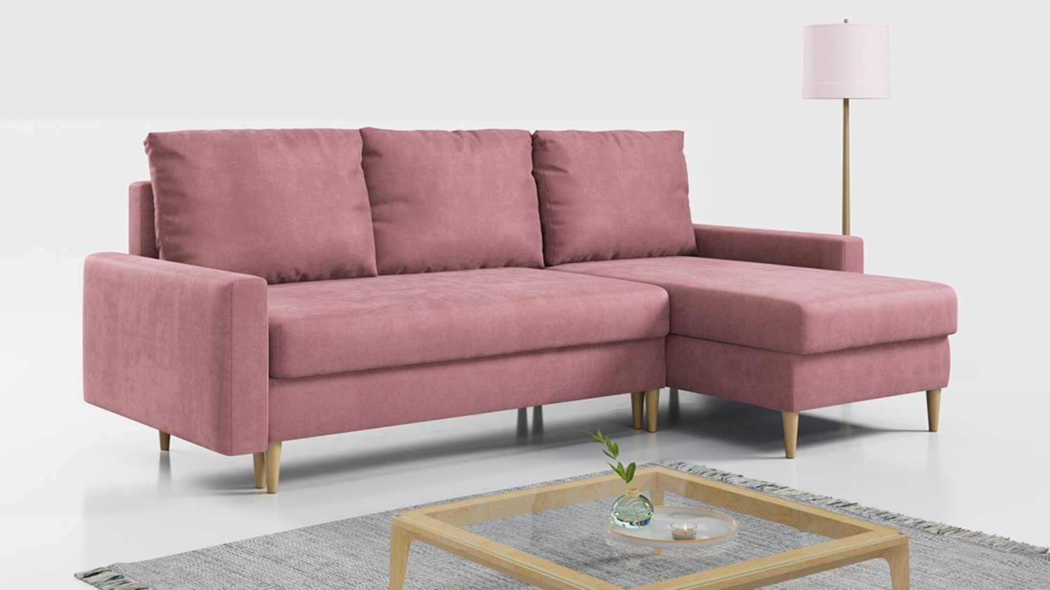 Ecksofa - L-form mit Schlaffunktion und Bettkasten - LANG - Rosa Mikrofaser Bild 1