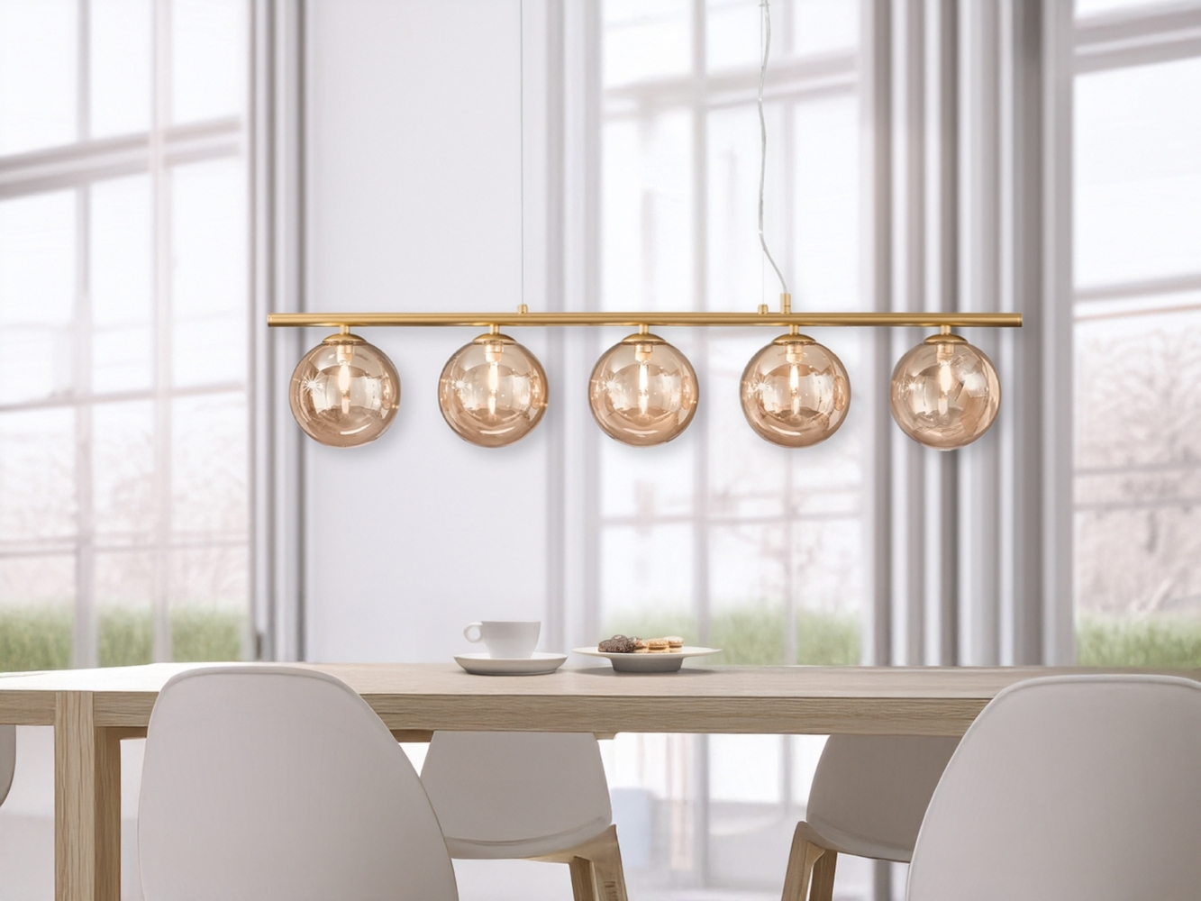 Pendelleuchte HONEY 5-flammig Gold-Glaskugeln Bernstein, Breite 100cm Bild 1