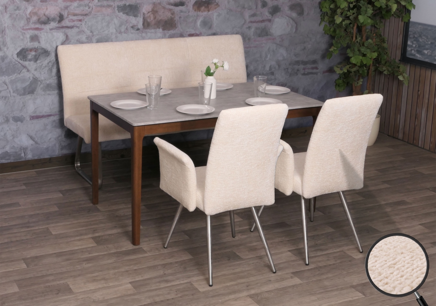 Esszimmer-Set HWC-G55, 2er-Set Stuhl mit Armlehne+Sitzbank 160cm, Edelstahl gebürstet Stoff/Textil Chenille ~ creme Bild 1