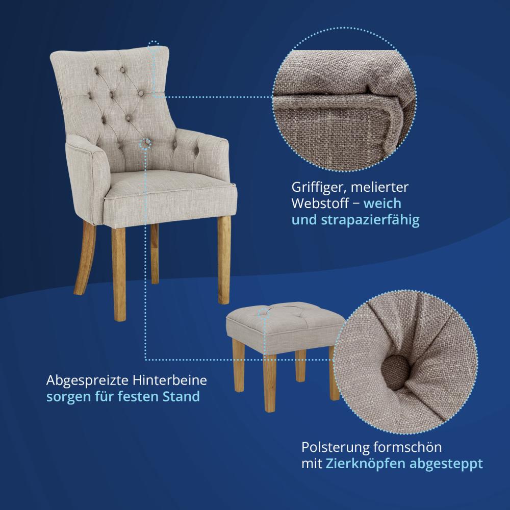 KHG Esszimmerstuhl Relax-Sessel grau Webstoff mit Hocker, große Armlehnen - Rückenlehne mit Zierknöpfen, Massivholz Stuhlbeine - Küchenstuhl, Design Stuhl Lounge Sessel Bild 1