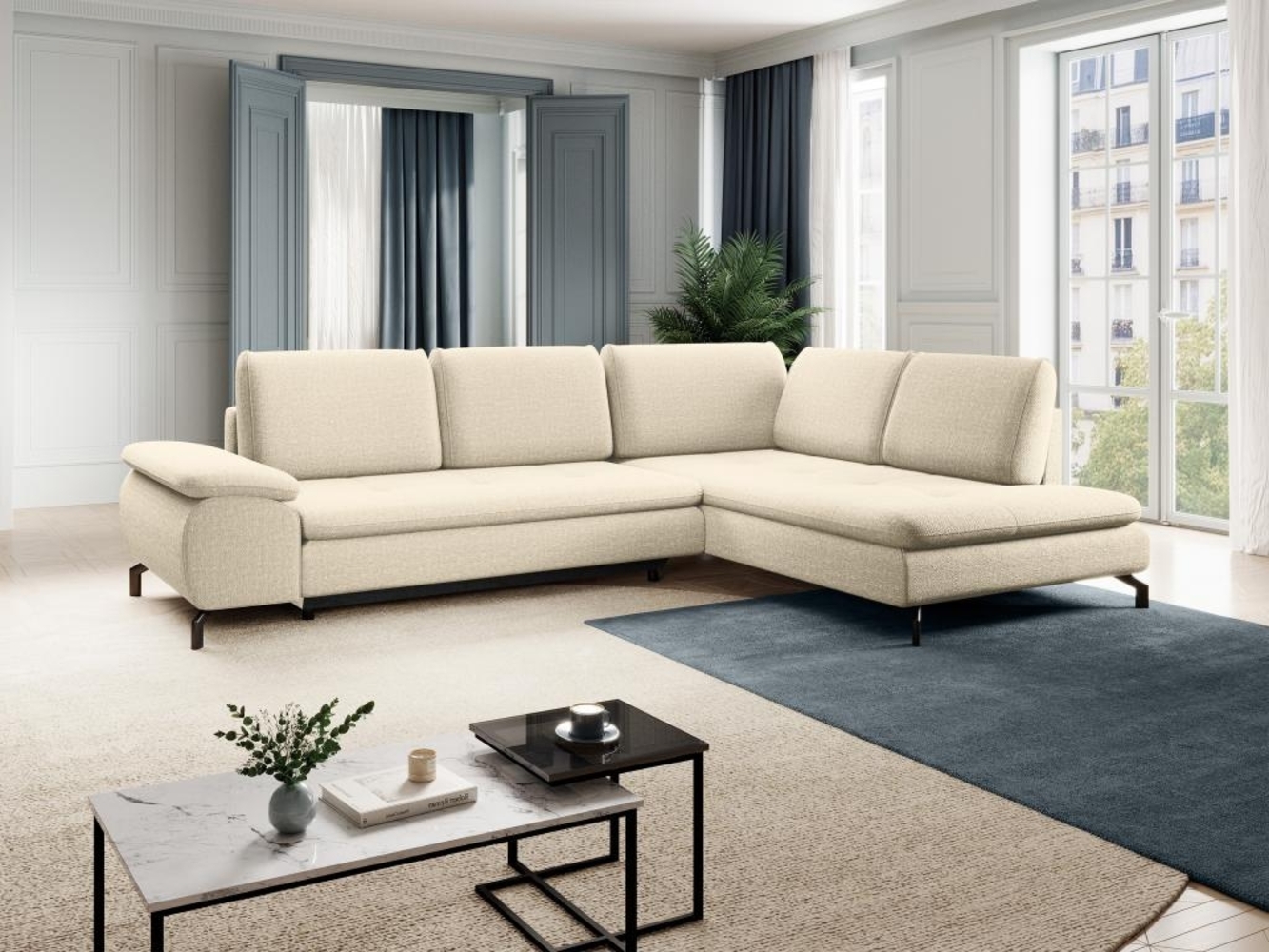 Vente-unique - Großes Ecksofa mit Schlaffunktion - Ecke rechts - Strukturstoff - Beige - ARCHIBALD Bild 1