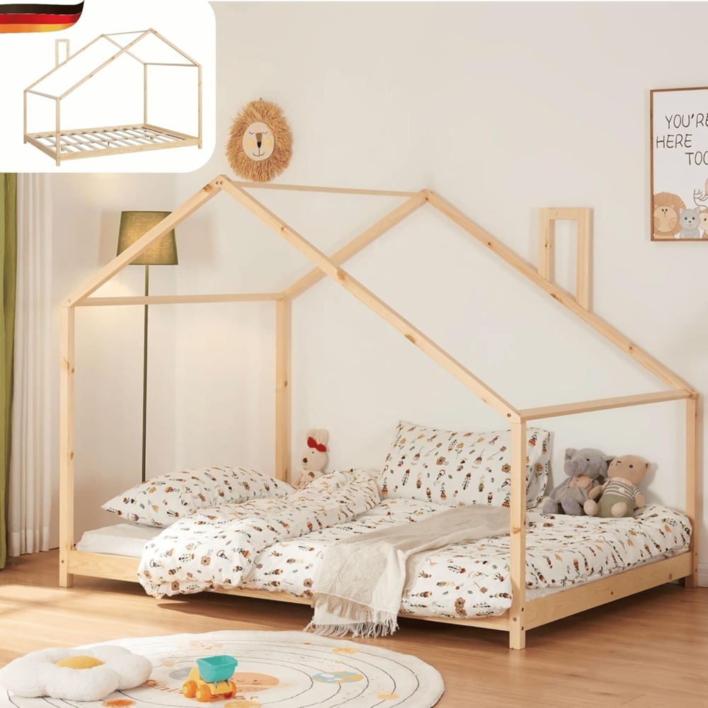 DELUKE® Kinderbett 140x200 LUKI - mit Lattenrost Haus-Optik Kiefernholz Einzelbett aus Holz Hausbett Kinderzimmer Bodenbett Montessori Bett Braun Bild 1