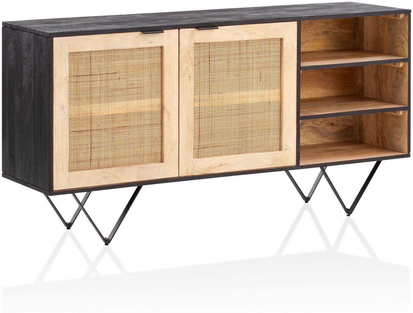 Sideboard 145x75x40 cm Mango Massivholz / Rattan Kommode mit 2 Türen, Hoher Kommodenschrank Schwarz / Braun, Standschrank Wohnzimmer mit Regal, Anrichte Rohrgeflecht Bild 1