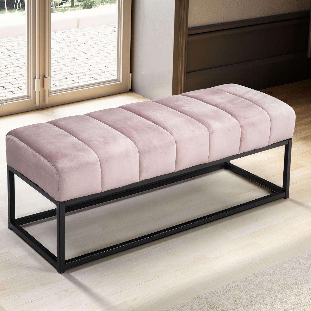 FineBuy Sitzbank Samt 108x40x40 cm Flur Polsterbank mit Metallgestell, Design Bettbank Schlafzimmer Gesteppt, Flurbank Garderobenbank Modern Rosa Bild 1