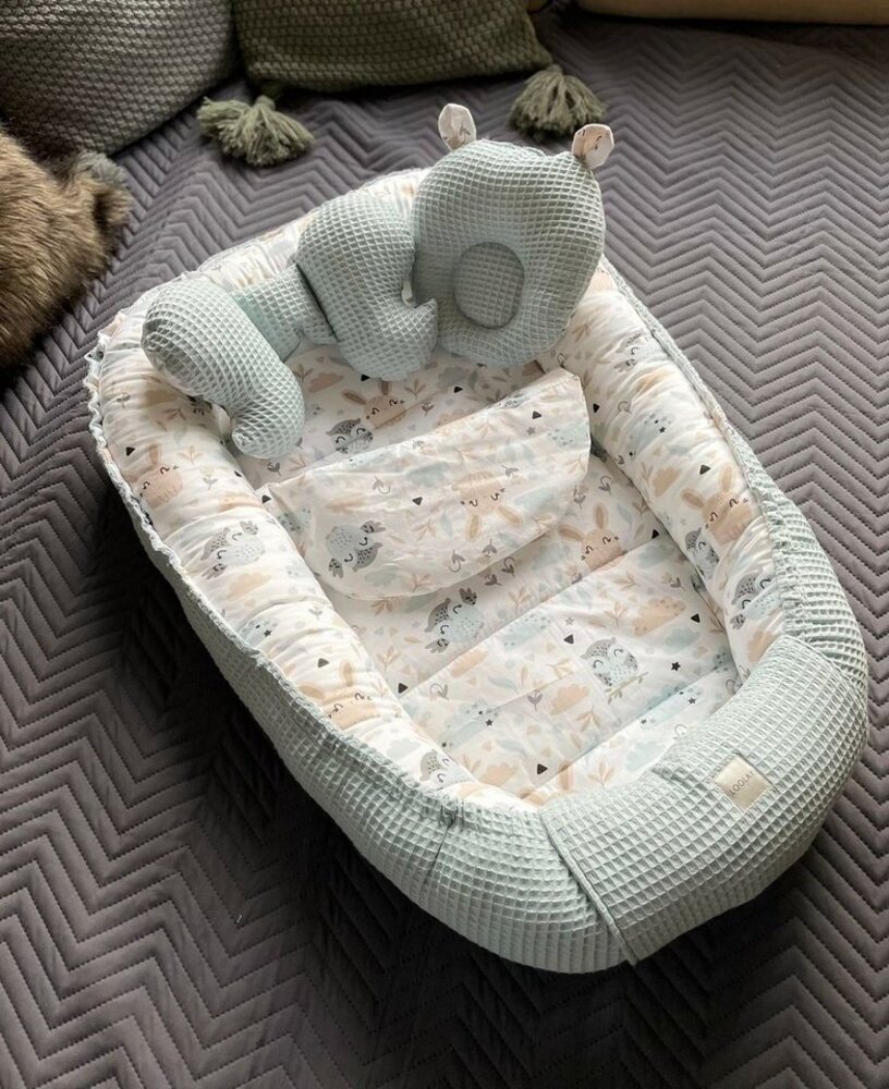 Loolay Bettnestchen Minze WAFFELPIQUE/ HASE Beige Weiß Babynest Babyausstattung, (Reisebett Nestchen SOLO/ o. in PREMIUM Geschenk SETS für Neugeborene, 4-tlg, 4 Jahreszeiten ATMUNGSAKTIVER WAFFELSTOFF Bestseller GESCHENK), LOOLAY® - 100% Europäische St... Bild 1