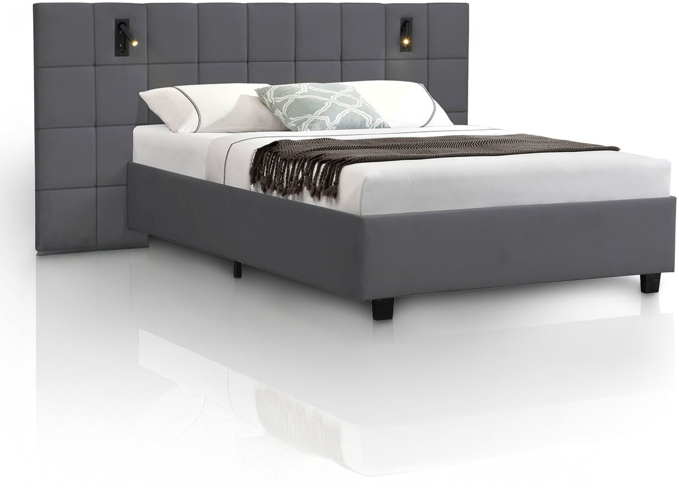 Juskys Polsterbett 140x200 cm Luzano - Bett mit LED, Lattenrost & Kopfteil - Modernes Bettgestell aus Holz & Samt - Doppelbett, Samtbett - Dunkelgrau Bild 1