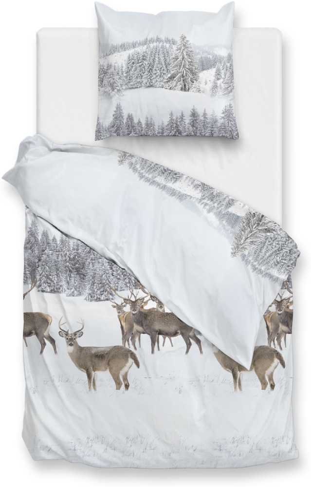 Zo! Home Flanell Bettwäsche 155x220 cm Cervo white Hirsch Wald Winter Bäume Bild 1