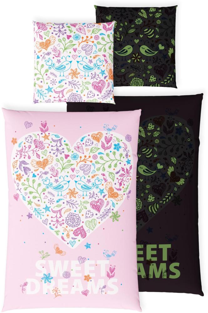 Carpe Sonno Kinderbettwäsche Leuchtende Bettwäsche 135x200 Mädchen Rosa Herz Blume Kinder Bettbezug, Renforcé, 2 teilig, GLOW IN THE DARK Blumen Bettwäsche Mädchen Herz Bild 1