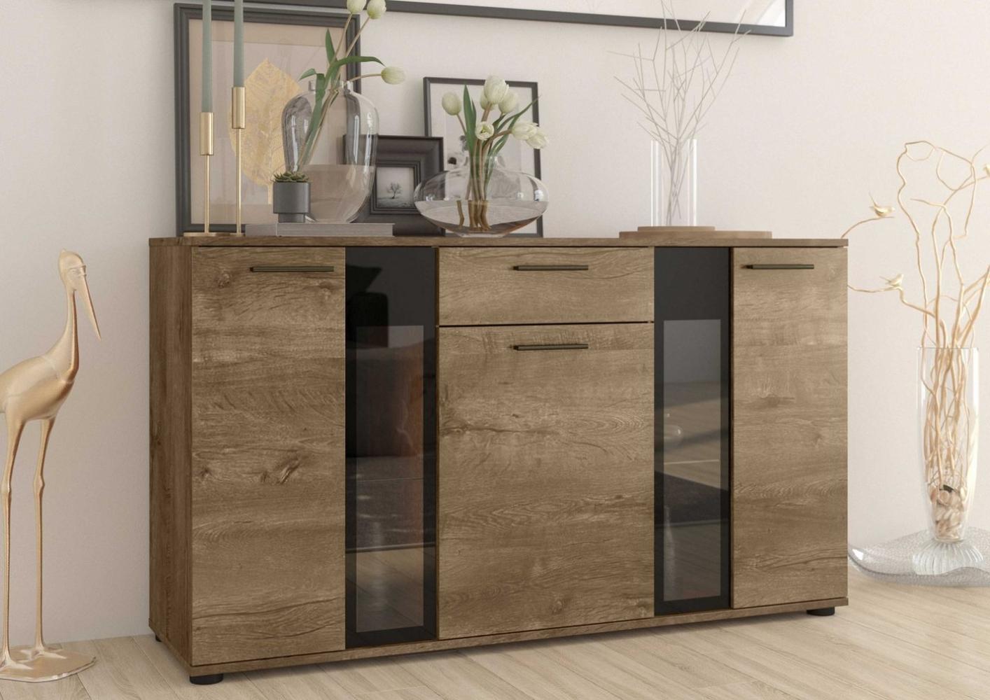 Furnix Sideboard Melides Anrichte mit Schublade 3-türig Glastüren 140 cm modern, 140,4x80x40,2 cm, pflegeleicht & zeitloses Design Bild 1