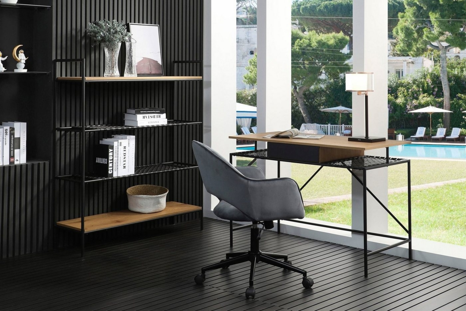 Schreibtisch 110 x 55 cm Eichenoptik mit Metallgestell und Ablagefläche Schwarz Bild 1