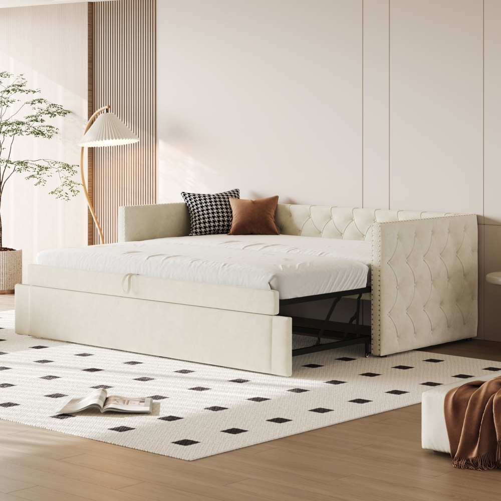 Beiges Schlafsofa 90x200 cm Mit Ausziehbett Und Samtbezug Multifunktionsmöbel 2-in-1 Design Sofabett Mit 300 Kg Tragkraft Bild 1