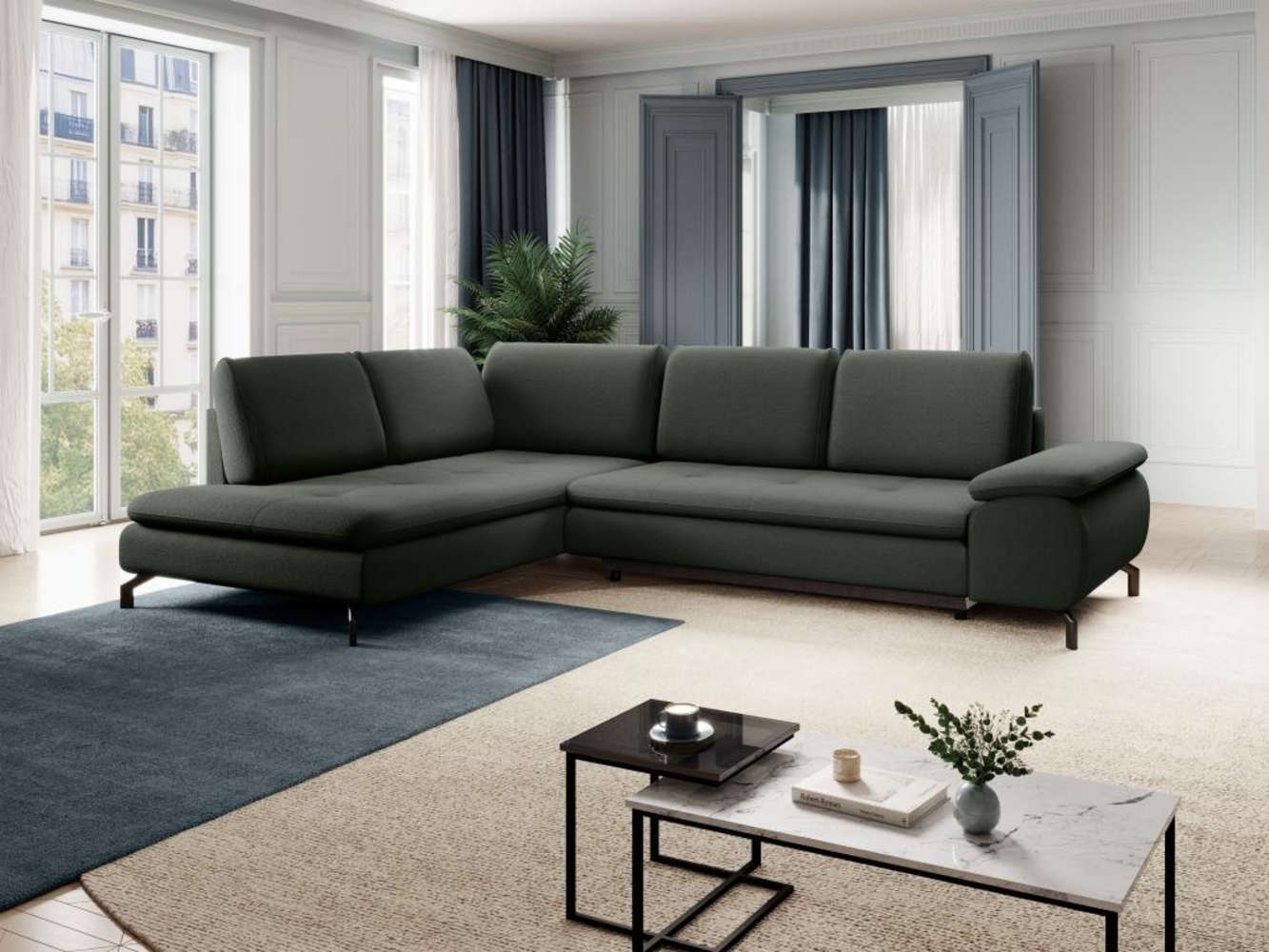 Vente-unique - Großes Ecksofa mit Schlaffunktion - Ecke links - Strukturstoff - Grün - ARCHIBALD Bild 1