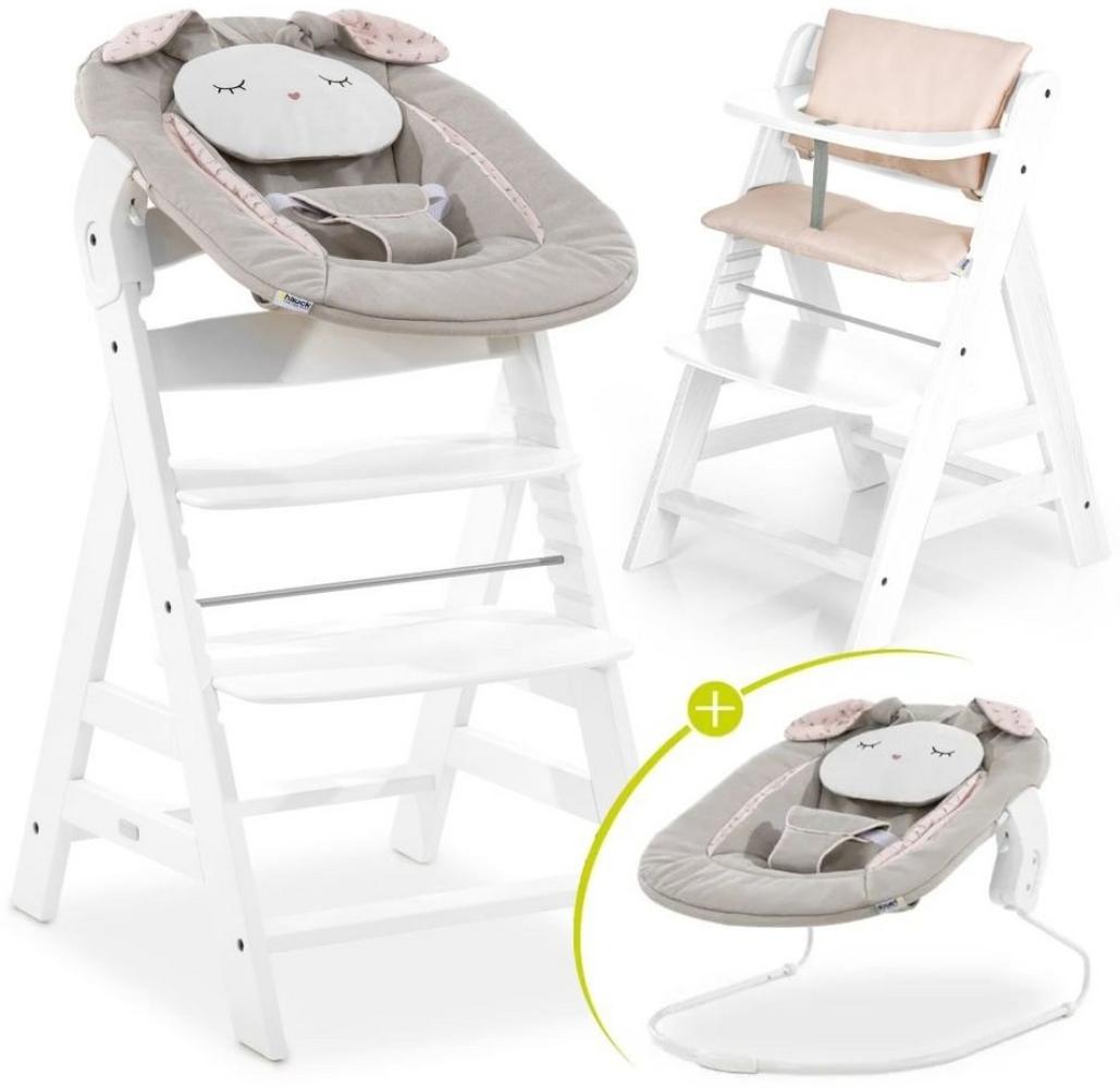 Hauck Hochstuhl Alpha Plus White - Newborn Set Powder Bunny, Holz Babystuhl ab Geburt inkl. Aufsatz für Neugeborene & Sitzauflage Bild 1