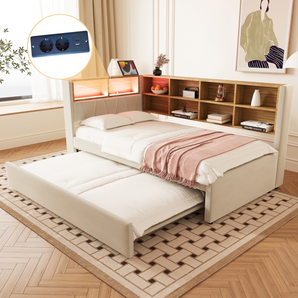 OKWISH Schlafsofa Polsterbett Stauraumbett, Ausziehbett mit LED-Leuchten, Steckdosen & Ablagefächern 90 x 200 & 90x190 cm, ohne Matratze Bild 1