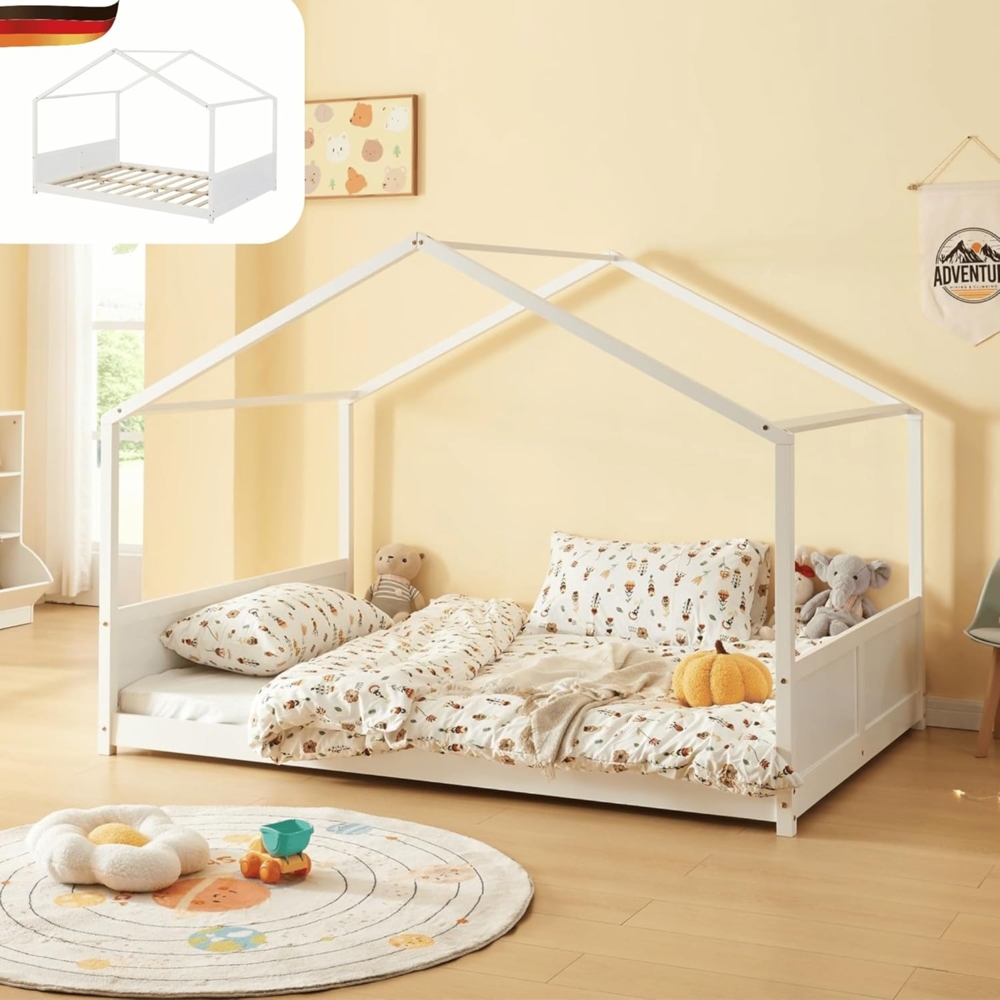 DELUKE® Kinderbett 120x200 DAKO - Inkl. Lattenrost Haus-Optik Kiefernholz Einzelbett aus Holz Hausbett Kinderzimmer Bodenbett Montessori Bett Weiß Bild 1