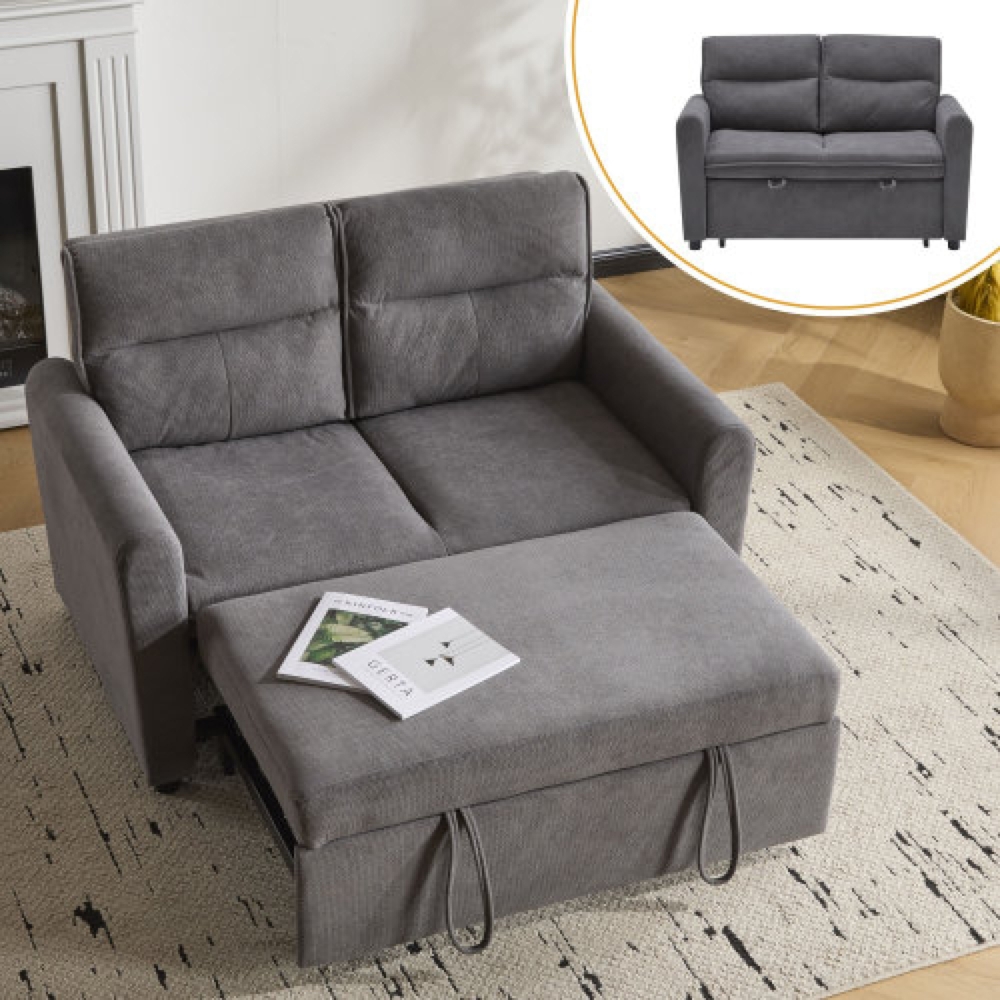 Merax Schlafsofa mit Schlaffunktion, Modernes 2-Sitzer Sofa, Faltbares Schlafsofa mit Ausziehfunktion, Verstellbare Rückenlehne, Inklusive großer Rückenkissen, Grau Bild 1