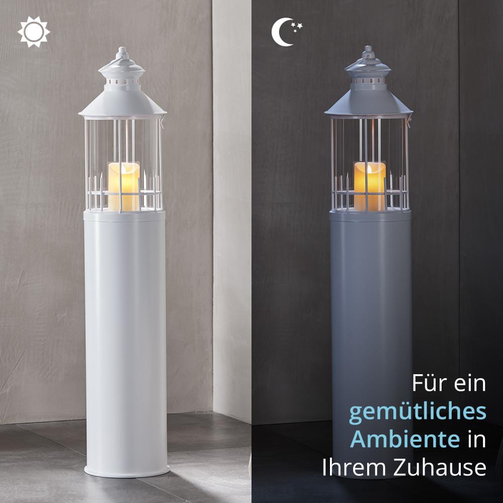 KHG Laterne Leuchtturm 99 cm mit LED-Kerze aus Metall/Glas in weiß, Kerzenständer, Kerzenhalter, Outdoor und Indoor, Deko, Glaseinsatz, für Wohnzimmer, Balkon, Terrasse, Garten usw. Bild 1