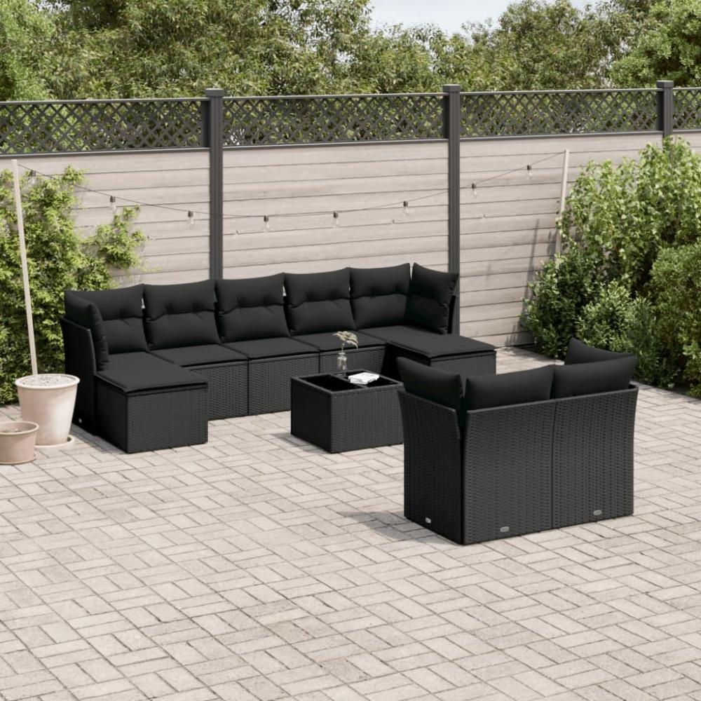 vidaXL 10-tlg. Garten-Sofagarnitur mit Kissen Schwarz Poly Rattan 3218315 Bild 1