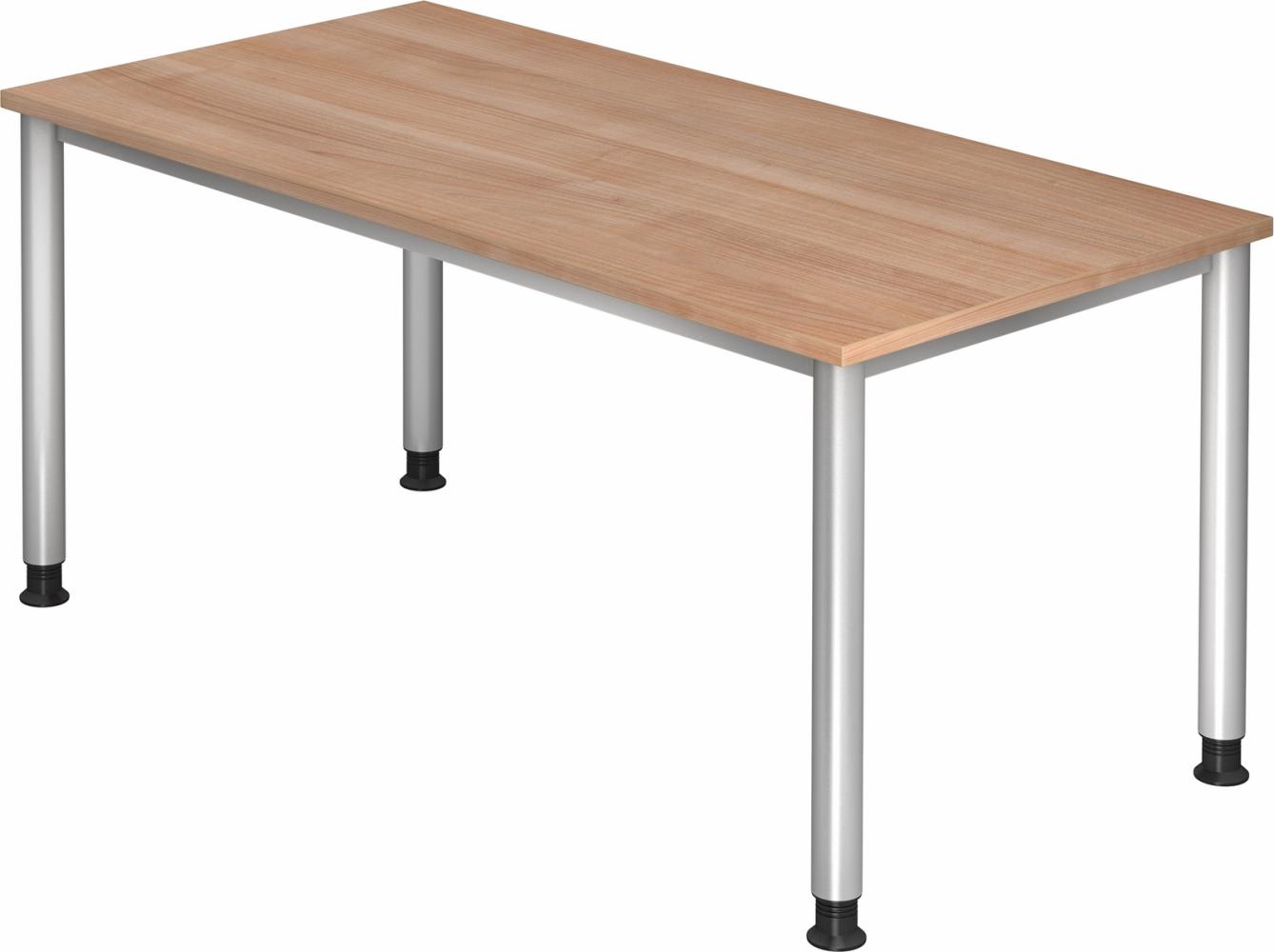 bümö höhenverstellbarer Schreibtisch H-Serie 160x80 cm in Nussbaum, Gestell in Silber - PC Tisch für's Büro manuell höhenverstellbar, Computertisch verstellbar, HS-16-N Bild 1