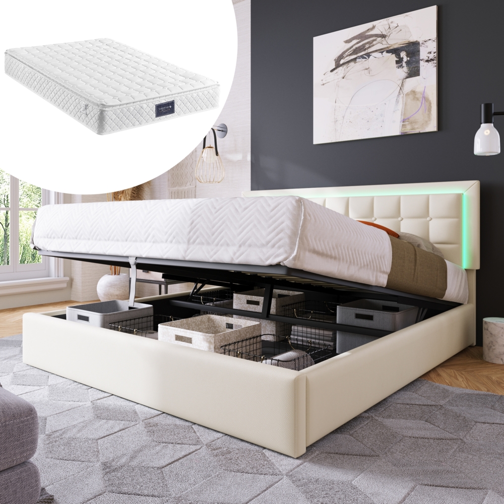 Polsterbett 160x200 cm aus PU-Kunstleder mit Stauraum und LED-Beleuchtung Bild 1