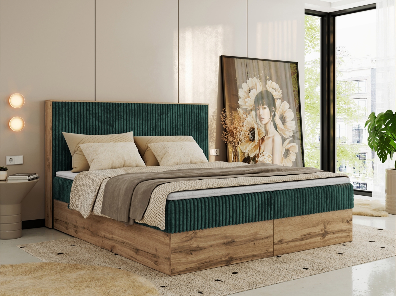 Doppelbett, Boxspringbett mit Bettkästen, Multipocket-Matratze und Topper, Set mit Kopfteil, Eiche Wotan Holzrahmen - WOOD CLASSIC - 160 x 200 cm - Dunkelgrün Cord - H3 Bild 1