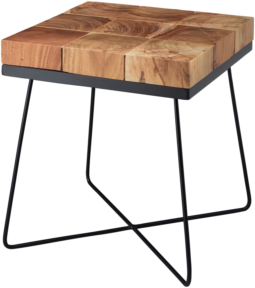 Beistelltisch 45 x 45 x 51 cm Akazie Massivholz mit Metallgestell, Industrial Anstelltisch Quadratisch Massiv Holz Tisch Braun, Wohnzimmertisch Modern Holztisch mit Metallbeinen Bild 1