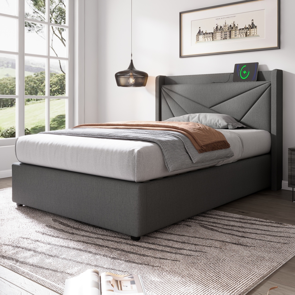 Polsterbett 90x200 cm mit Stauraum,Kopfteil mit USB & Typ-C Ladefunktion,Grau Bild 1
