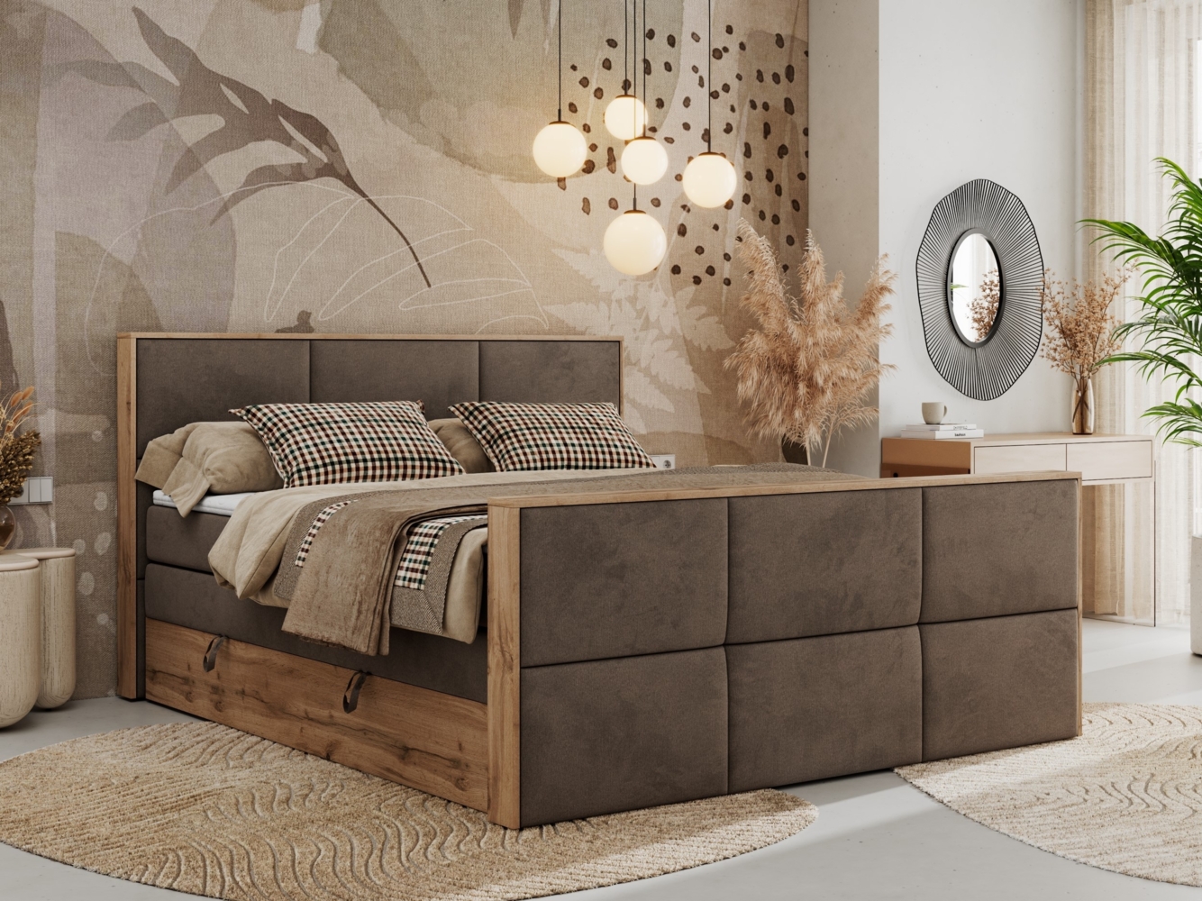 Doppelbett, Boxspringbett mit zwei Multipocket-Matratzen und ein Topper, Bettkästen, Eiche Wotan Holzrahmen, genähtes Kopfteil und Front - ALBERO 2 KING DUO - 200 x 200 cm - Braun Velours - H3 Bild 1