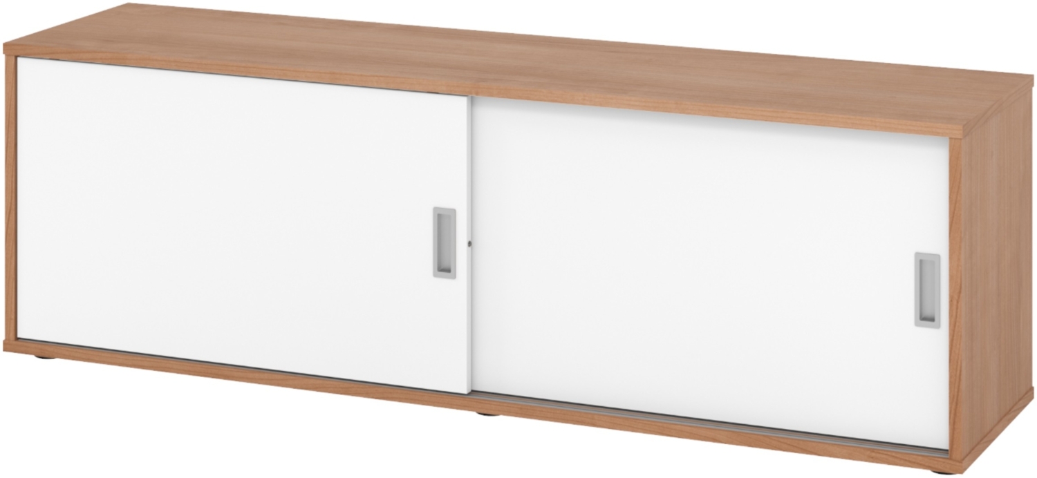 bümö Lowboard Schiebetürenschrank in Nussbaum/Weiß - Büromöbel Sideboard aus Holz, 160 cm breit, Büroschrank nur 40 cm schmal, Büro Schrank mit Schiebetüren für Ordner & Co, 1750S-N-W Bild 1