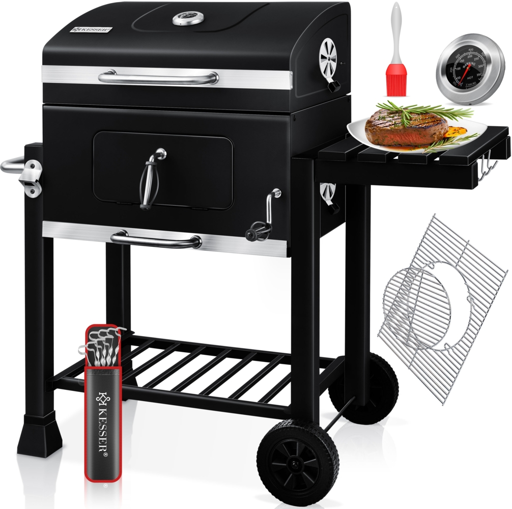 KESSER® Grill Grillwagen XXL Holzkohlegrill mit Deckel, Rädern, Edelstahl-Griff, Grillrost und Thermometer Holzkohle kohlegrill Wagen groß Kohle BBQ Barbeque Camping, Terrasse, Garten Schwarz, XL Bild 1