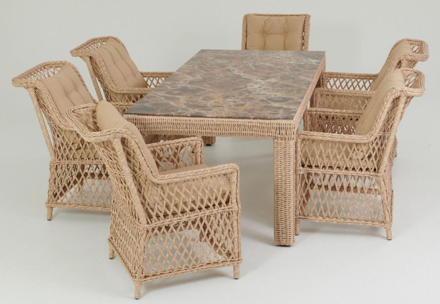 Casa Padrino Luxus Rattan Gartenmöbel Set Naturfarben / Beige / Braun - 1 Rattan Garten Esstisch mit Glasplatte in Marmoroptik & 6 Rattan Gartenstühle mit Armlehnen - Garten & Terrassen Möbel Bild 1