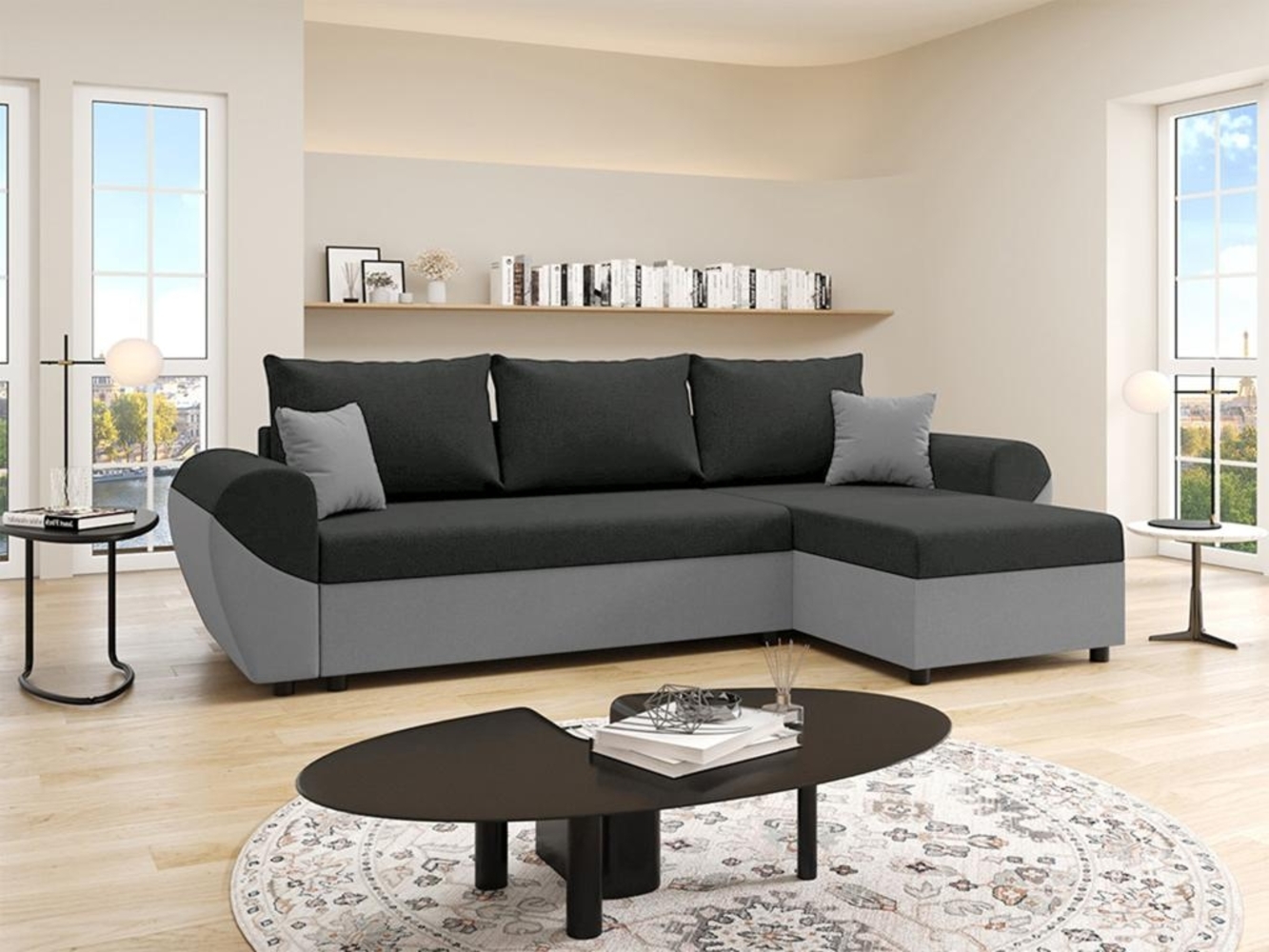 Vente-unique - Ecksofa mit Schlaffunktion - Ecke wechselbar - Stoff - Schwarz & Grau - LIERNO Bild 1