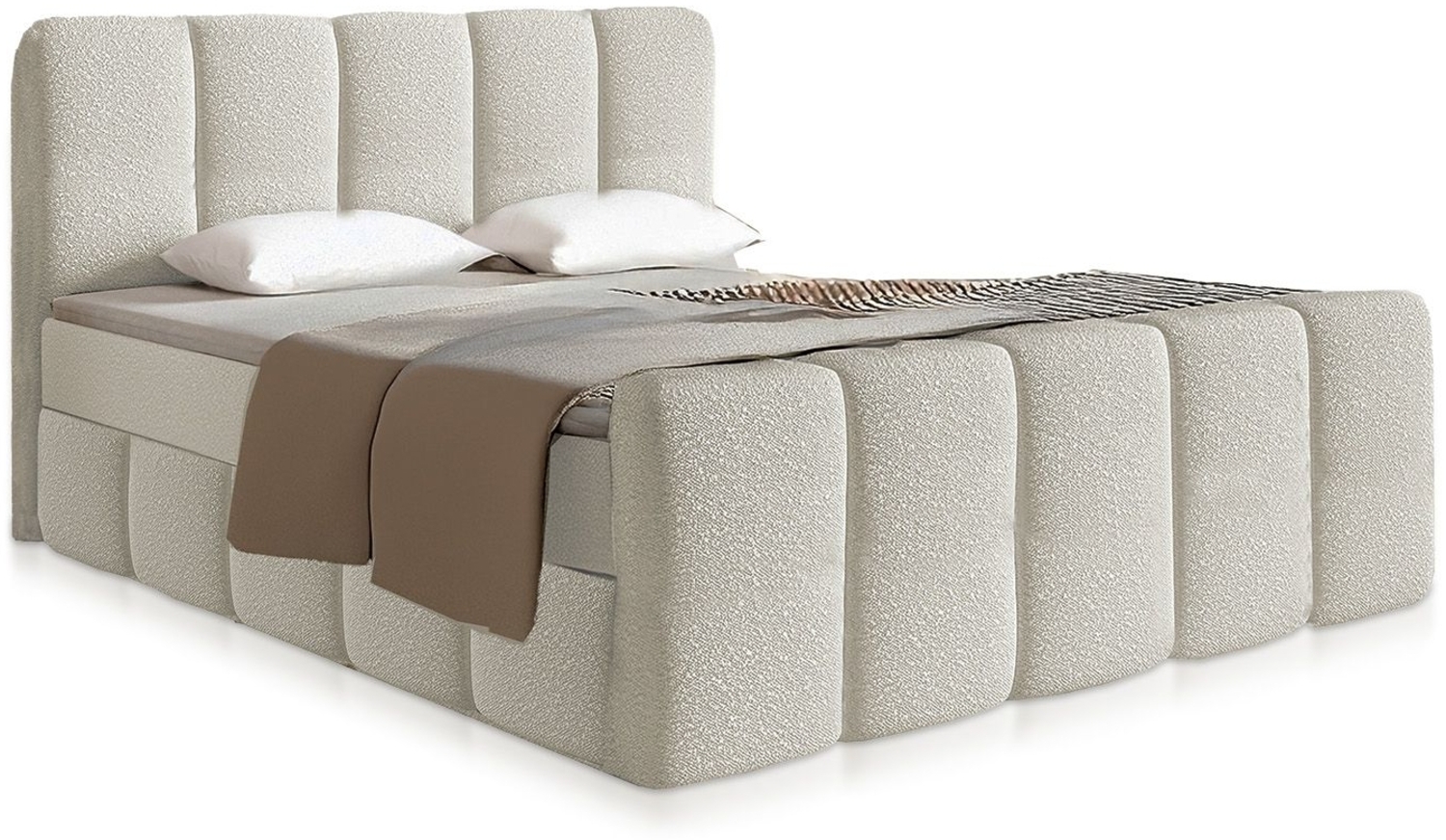 Juskys Boxspringbett Manitoba - Bouclé-Stoff, Gepolstertes Kopfteil mit Steppung & Stabile Konstruktion, Topper inklusive - Beige Bild 1