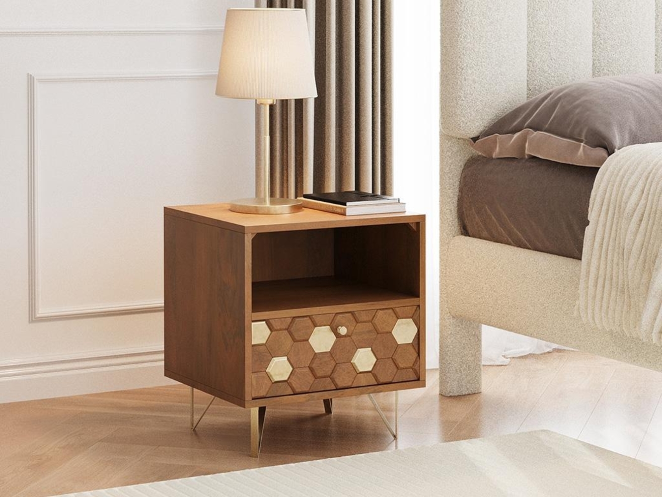 Vente-unique - 2er-Set Nachttische mit 1 Schublade & 1 Ablagefach - Mangoholz & Metall - Holzfarben & Goldfarben - BELORI Bild 1