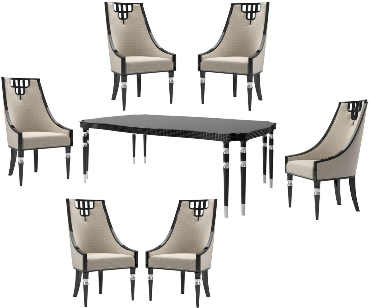 Casa Padrino Luxus Art Deco Esszimmer Set Beige / Schwarz / Silber - 1 Esszimmertisch & 6 Esszimmerstühle - Art Deco Esszimmer Möbel - Luxus Qualität Bild 1