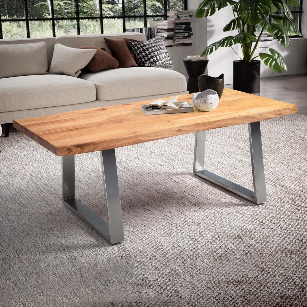 FineBuy Couchtisch 120x60x46 cm Akazie Massivholz / Metall Baumkante, Design Wohnzimmertisch Rechteckig, Sofatisch Stubentisch Braun, Kaffeetisch mit Trapezbeinen in Chrom Braun Bild 1