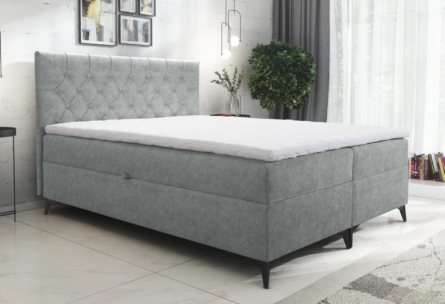 AX LIVING Boxspringbett 140x200 Palmeria Hellgrau Stauraum und Topper Bild 1