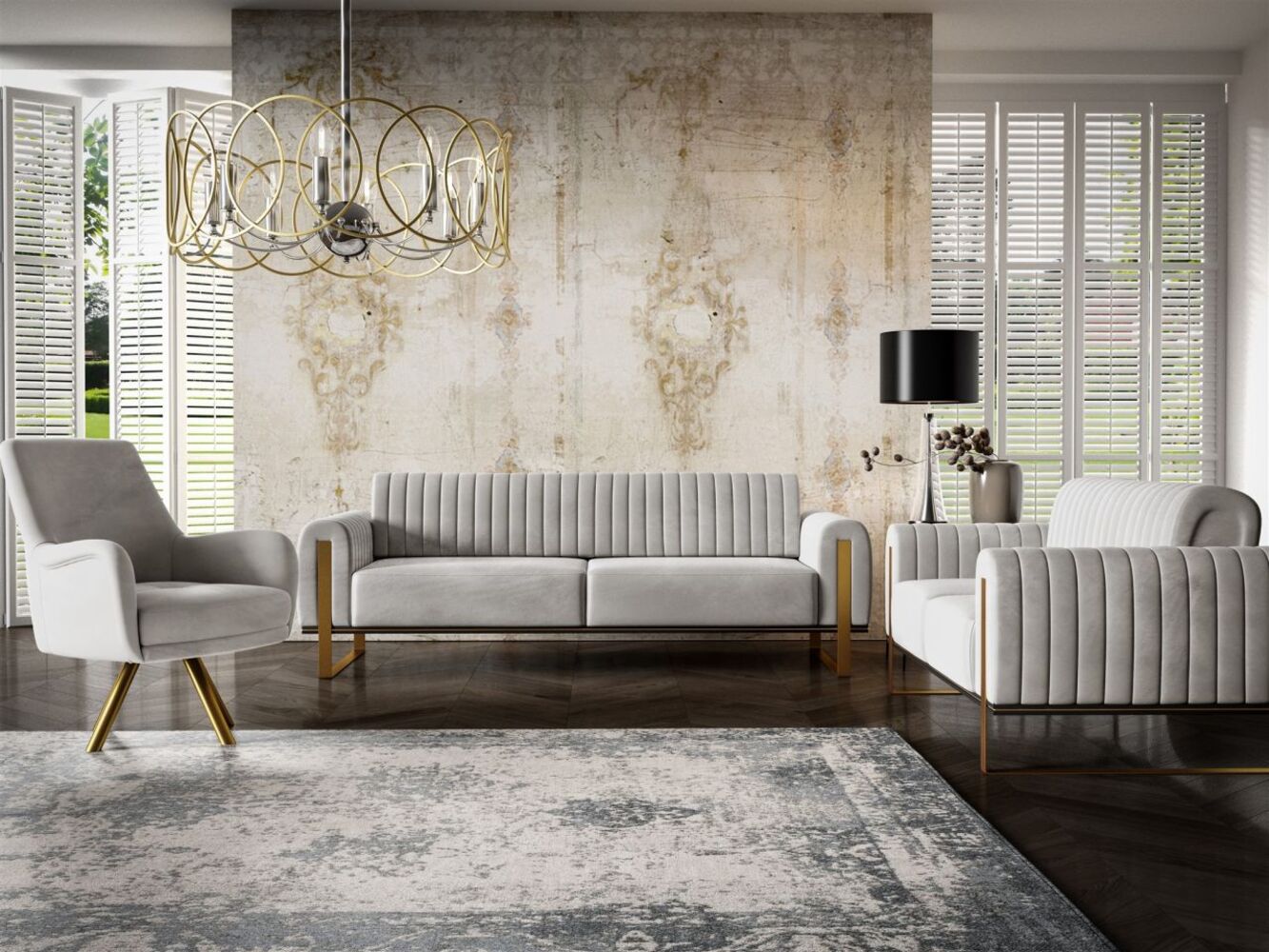 Sofaset Designersofas VALERIE 3-2-1 in Stoff Stoff Elisa Velvet Hellgrau Bild 1